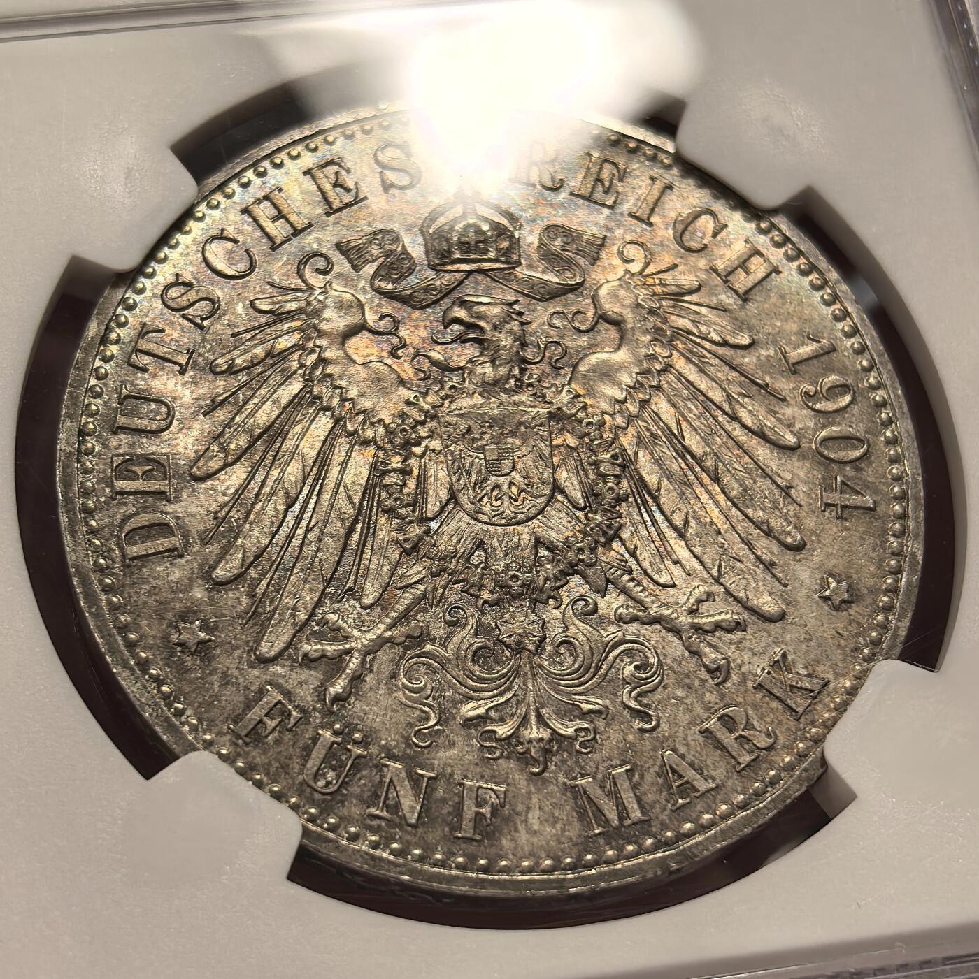 博洋堂“满目春色”三月精品专场暨第116期（全场包邮） NGC MS64 德国黑森-达姆施塔特1904年5马克大银币
