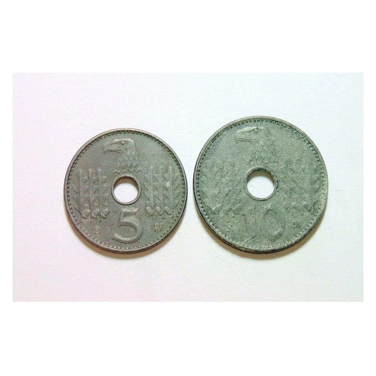 2枚套 德国第三帝国1940年5+10芬尼带孔军币 爽品