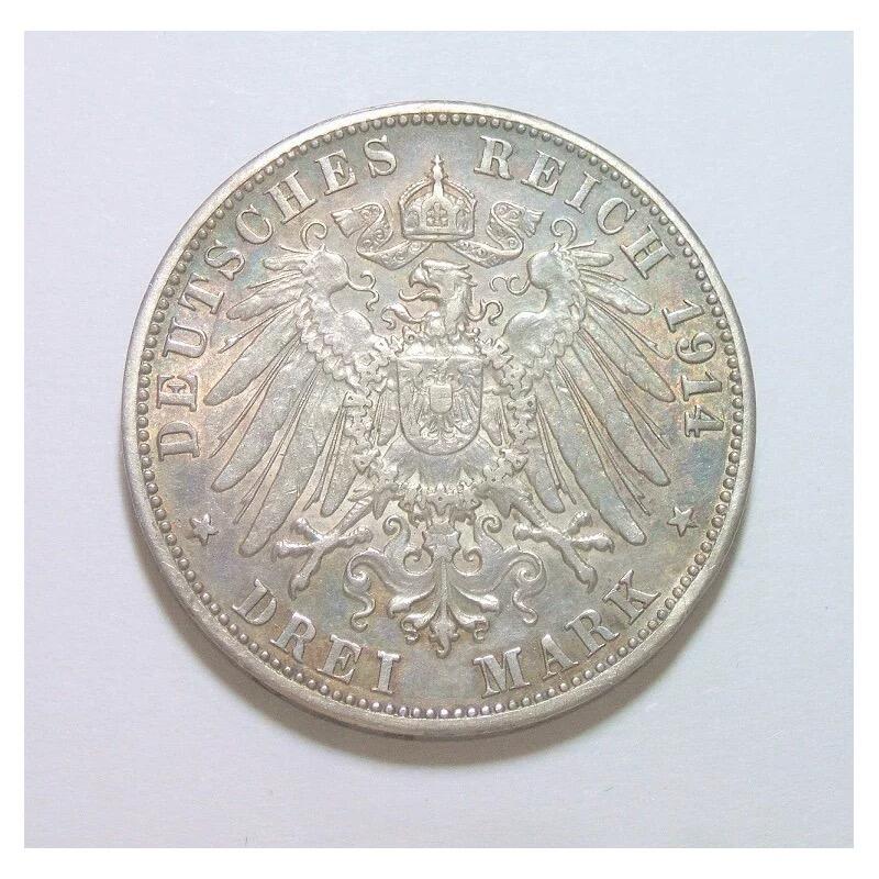 德国巴登1914年 腓特烈二世3马克银币 难得酱五彩爽品