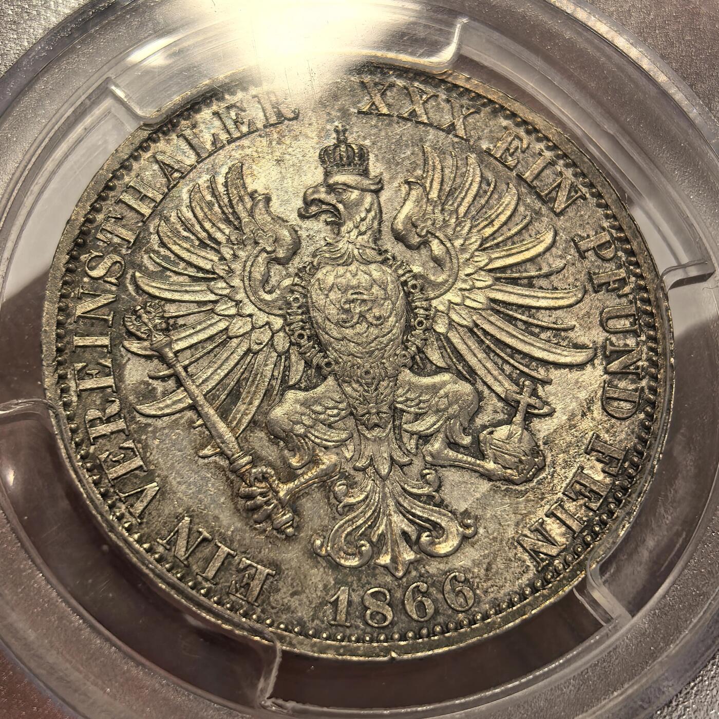 博洋堂“满目春色”三月精品专场暨第116期（全场包邮） PCGS MS65 德国普鲁士1866年普奥战争胜利纪念流通1泰勒，高分带彩，之前66分麦稀奇成交含佣7000+