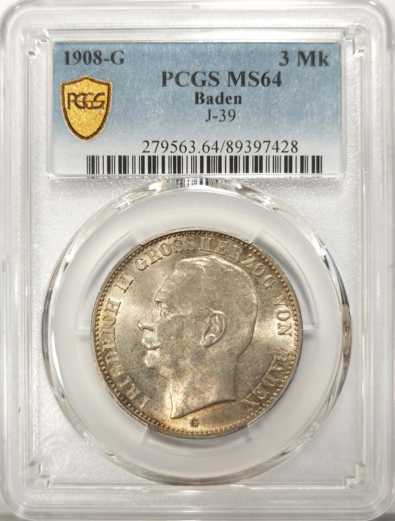 博洋堂“满目春色”三月精品专场暨第116期（全场包邮） PCGS MS64 德国巴登1908年弗里德里希大公流通3马克银币，少见的高分版。