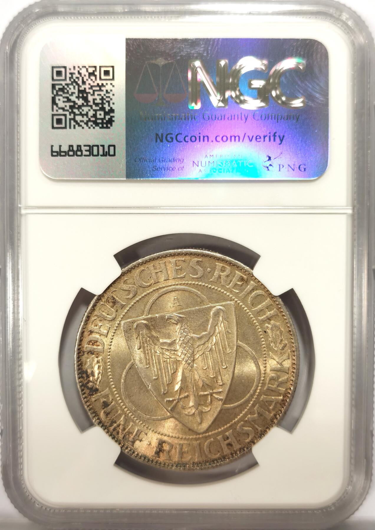 博洋堂“满目春色”三月精品专场暨第116期（全场包邮） NGC MS63 德国魏玛1930年莱茵解放5马克纪念银币，黄油包浆