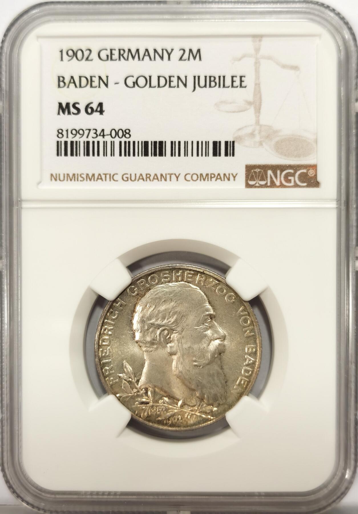 博洋堂“满目春色”三月精品专场暨第116期（全场包邮） NGC MS64 德国巴登1902年50周年2马克银币