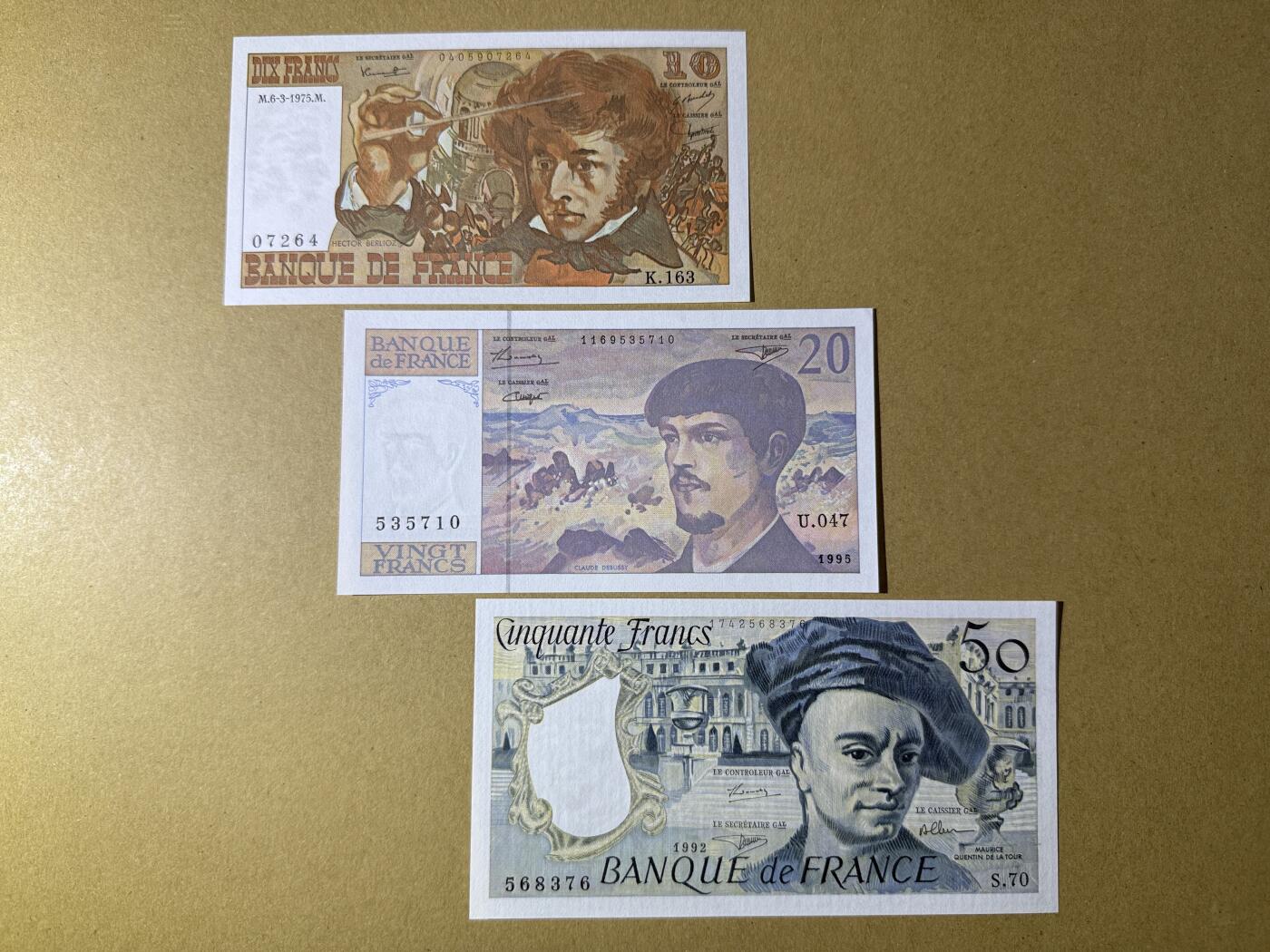 《艾美收藏》第193期-周日外币精品百拍 法国10、20、50法郎3张 UNC 倒二版