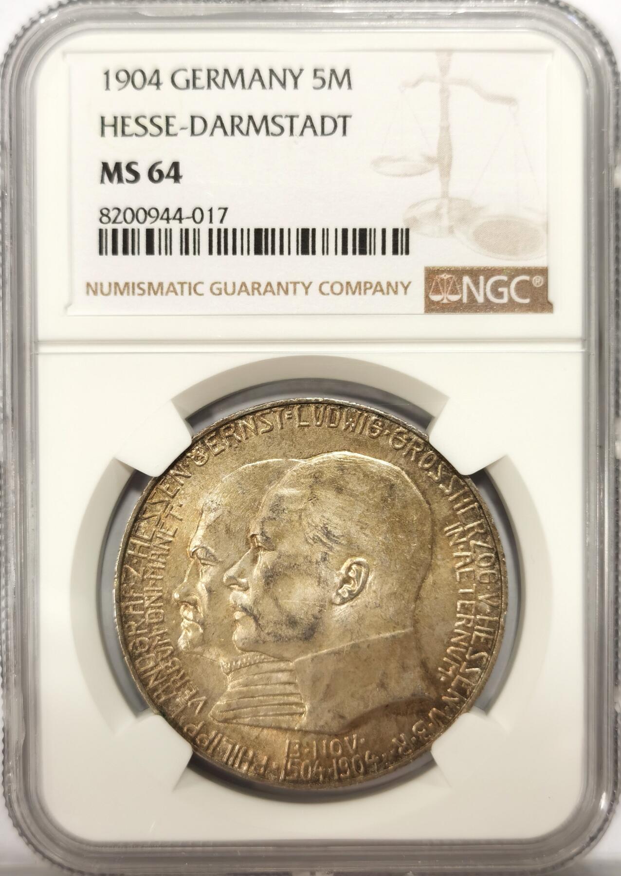 博洋堂“满目春色”三月精品专场暨第116期（全场包邮） NGC MS64 德国黑森-达姆施塔特1904年5马克大银币