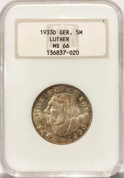 博洋堂世界钱币拍卖第163期（全场包邮） - NGC MS66 德国第三帝国1933年D版马丁路德5马克纪念银币，包浆美品，极致高分，麦稀奇所见最高，一枚毕业，盒子右下角有小裂纹