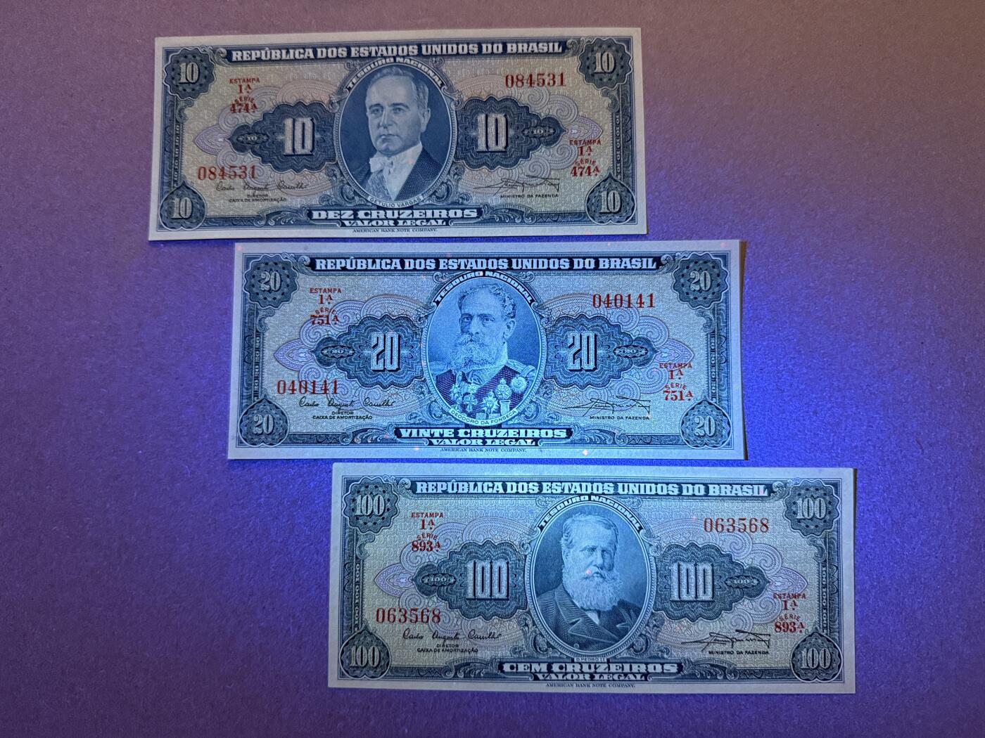 《艾美收藏》第193期-周日外币精品百拍 巴西10、20、100克鲁塞罗3张 UNC 1961年老版本