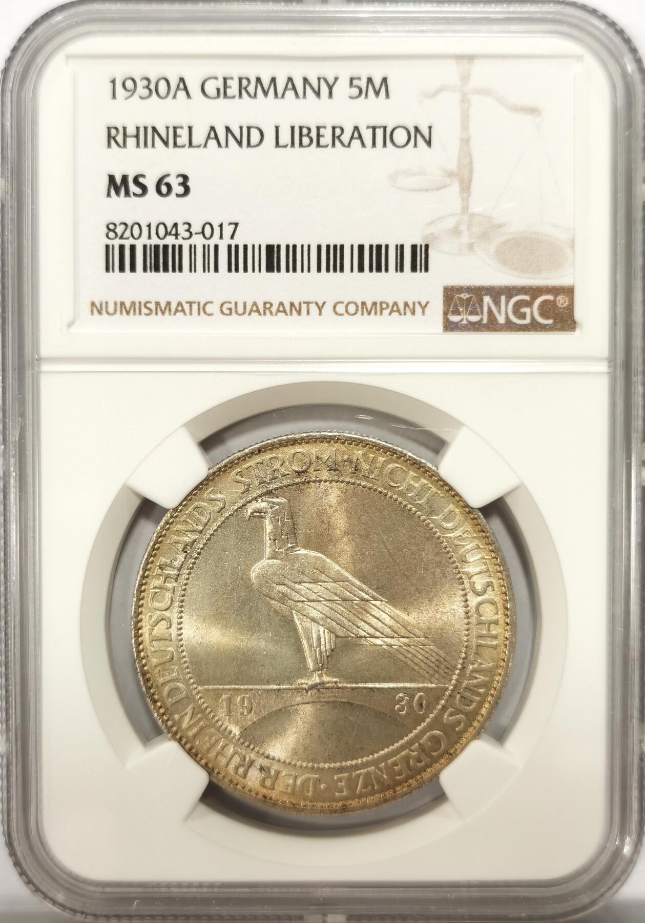 博洋堂“满目春色”三月精品专场暨第116期（全场包邮） NGC MS63 德国魏玛1930年莱茵解放5马克纪念银币，黄油包浆