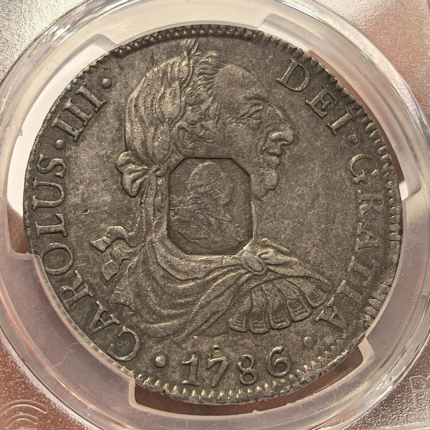 博洋堂“满目春色”三月精品专场暨第116期（全场包邮） PCGS AU50 英格兰银行加盖1786卡三8里亚尔，方形戳记卡三非常稀有，国际大拍也难得一见