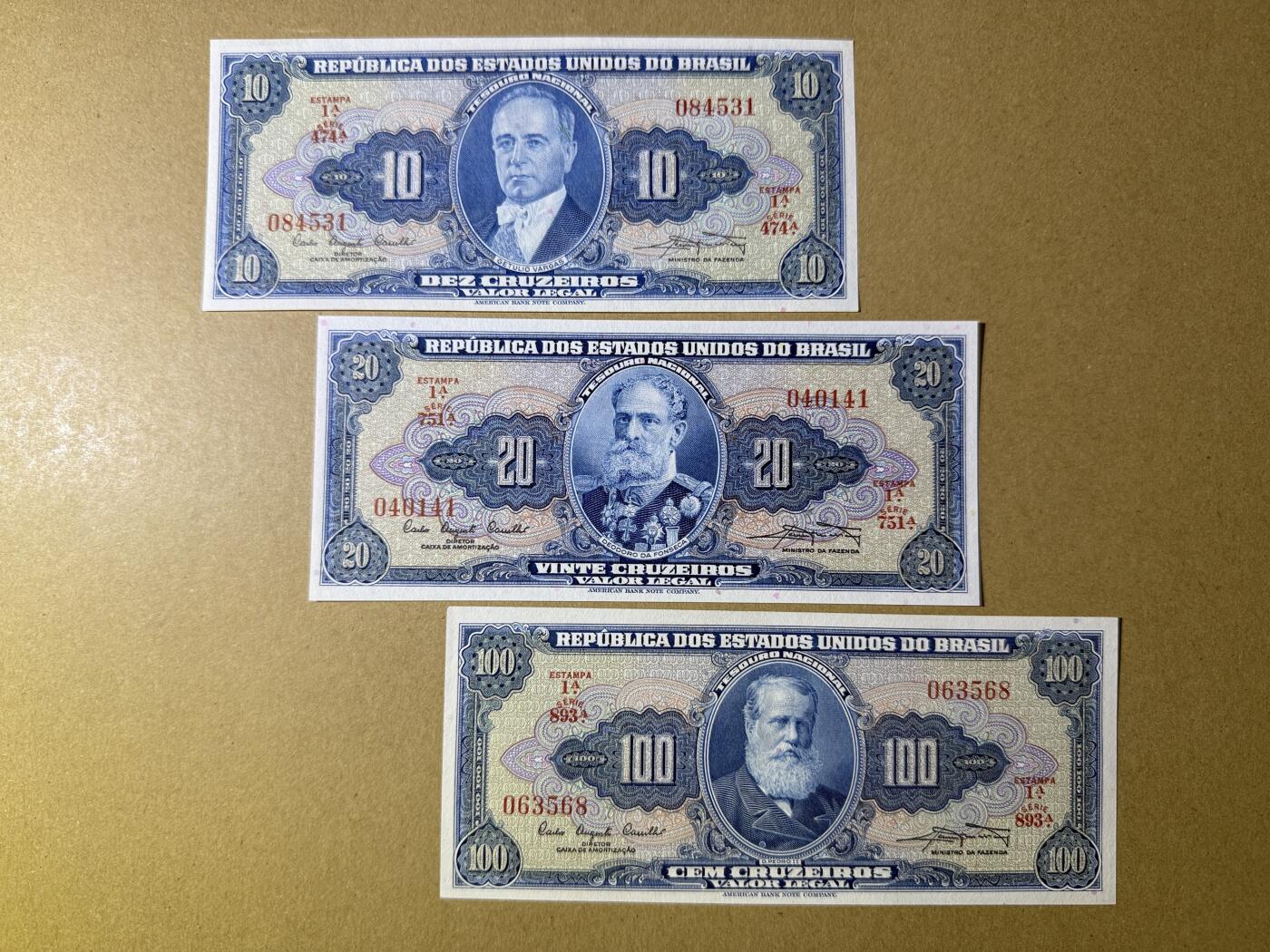 《艾美收藏》第193期-周日外币精品百拍 巴西10、20、100克鲁塞罗3张 UNC 1961年老版本