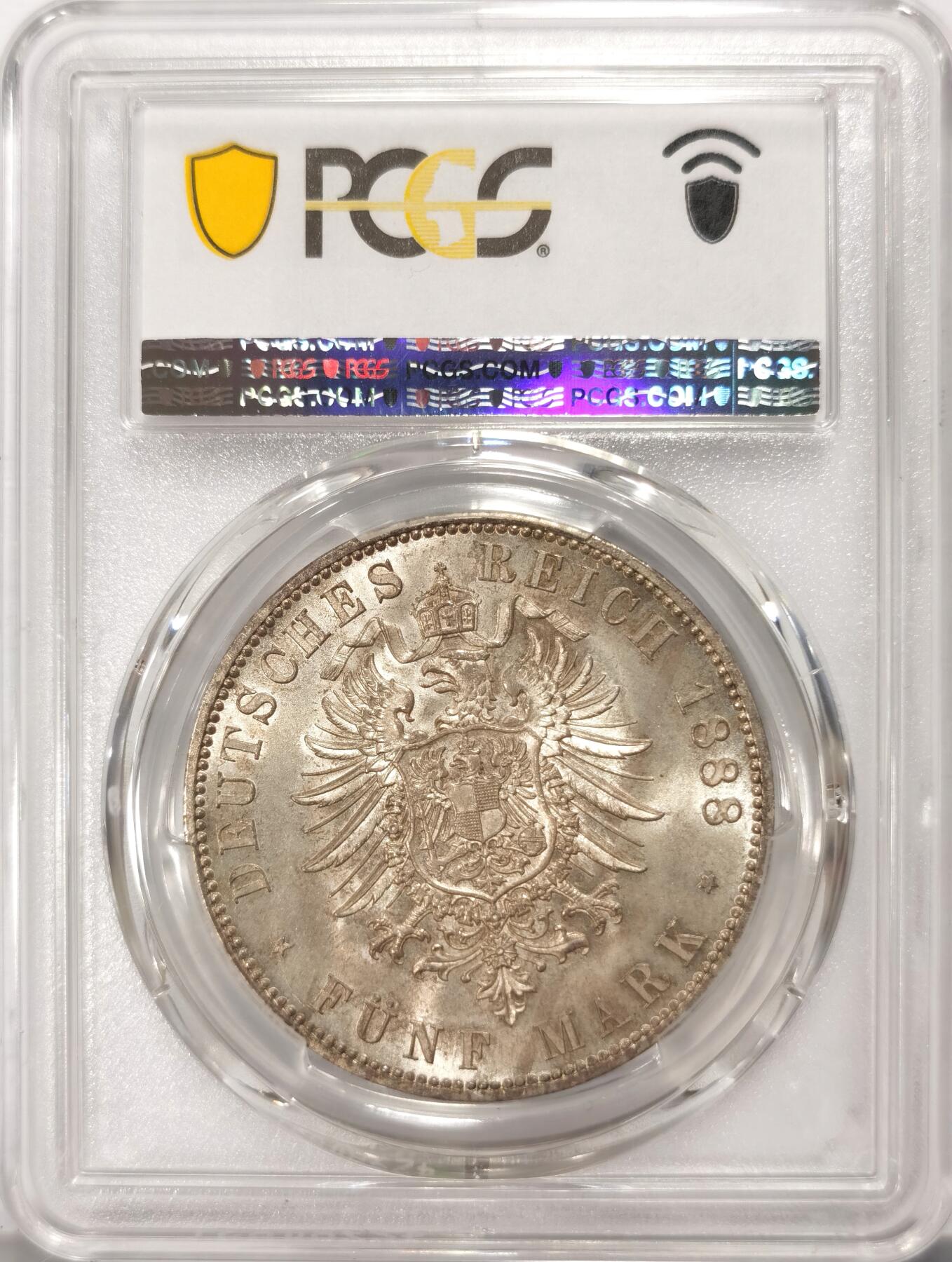 博洋堂“满目春色”三月精品专场暨第116期（全场包邮） PCGS MS64 德国普鲁士1888年弗里德里希三世短翅鹰5马克银币，热门品种，状态极佳！
