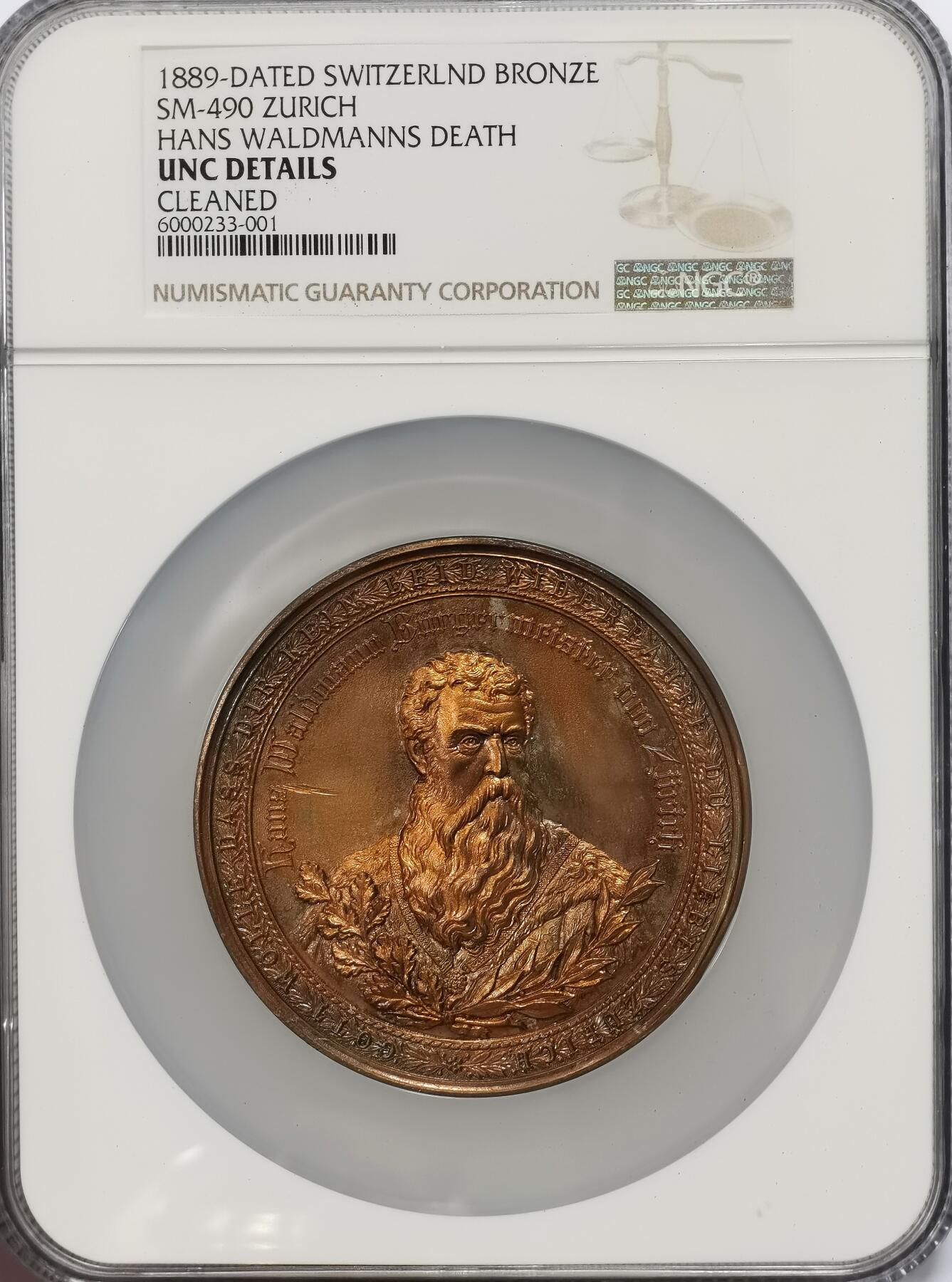 博洋堂“满目春色”三月精品专场暨第116期（全场包邮） NGC UNC 1889年瑞士联邦苏黎世纪念汉斯沃德曼逝世400周年铜章，带原盒