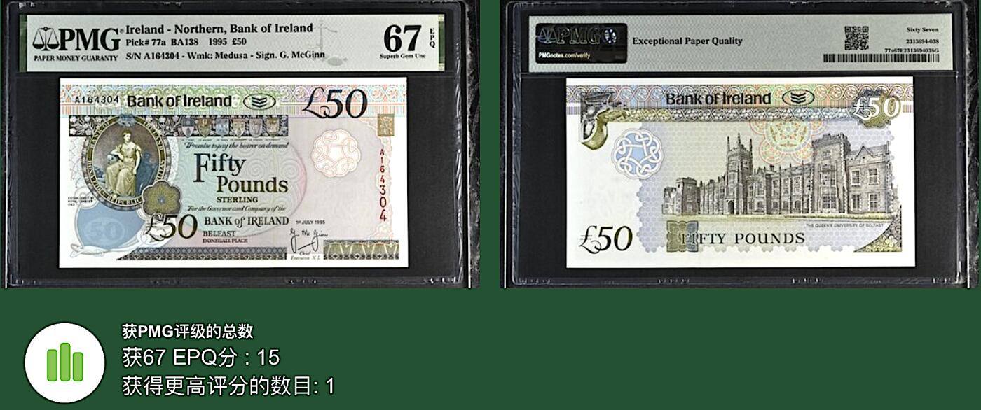 《艾美收藏》第193期-周日外币精品百拍 北爱尔兰50镑 PMG67E 1995年爱尔兰银行 初版首发年A版A冠