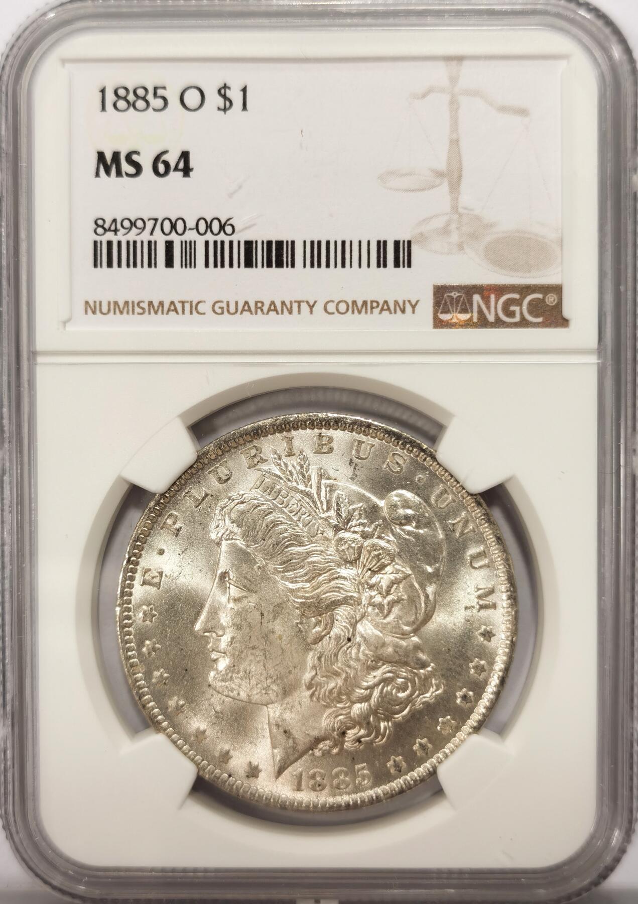 博洋堂“满目春色”三月精品专场暨第116期（全场包邮） NGC MS64 美国1885年摩根银币，卷拆极品，光度极佳，银光闪烁。