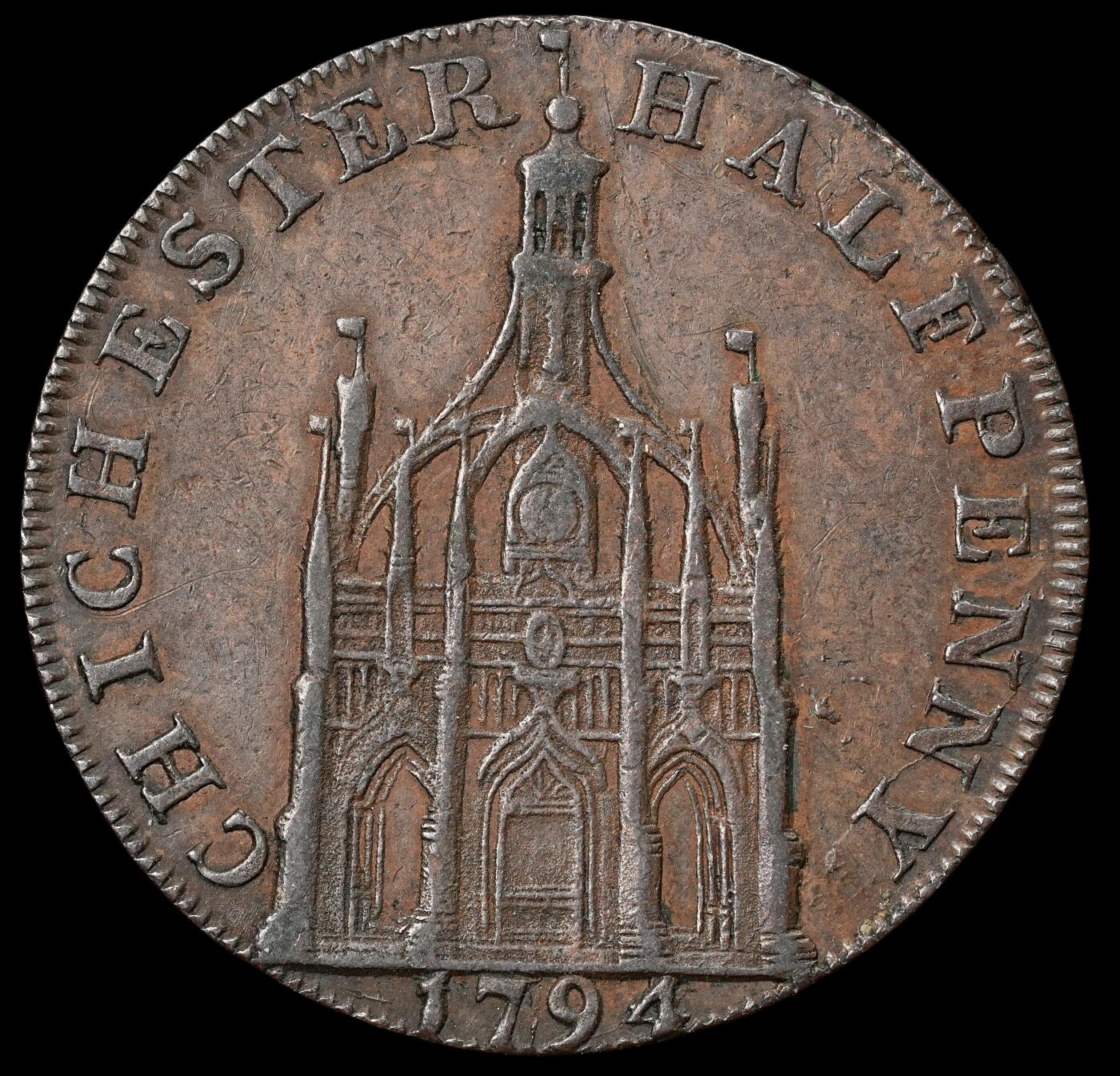 修遠堂世界钱币第六十三期 1794年英国奇切斯特1/2便士代用币 9.60g