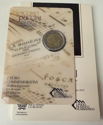 S&S Numismatic世界钱币-拍卖 第116期  - 圣马力诺2014年 普契尼逝世90周年 2欧元双色纪念币官方卡币