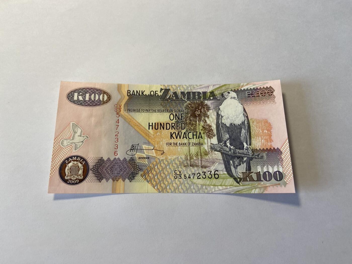 世界各国纸币专场，第五期 赞比亚100克瓦查，全新