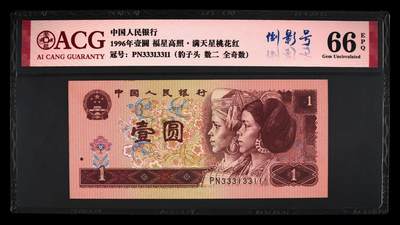 1996年壹元PN冠数二一张（31）。爱藏评级66E，数二，全奇数，豹子头，倒影号，满天星桃花红荧光！稀少靓号，按图发货。 - 1996年壹元PN冠数二一张（31）。爱藏评级66E，数二，全奇数，豹子头，倒影号，满天星桃花红荧光！稀少靓号，按图发货。