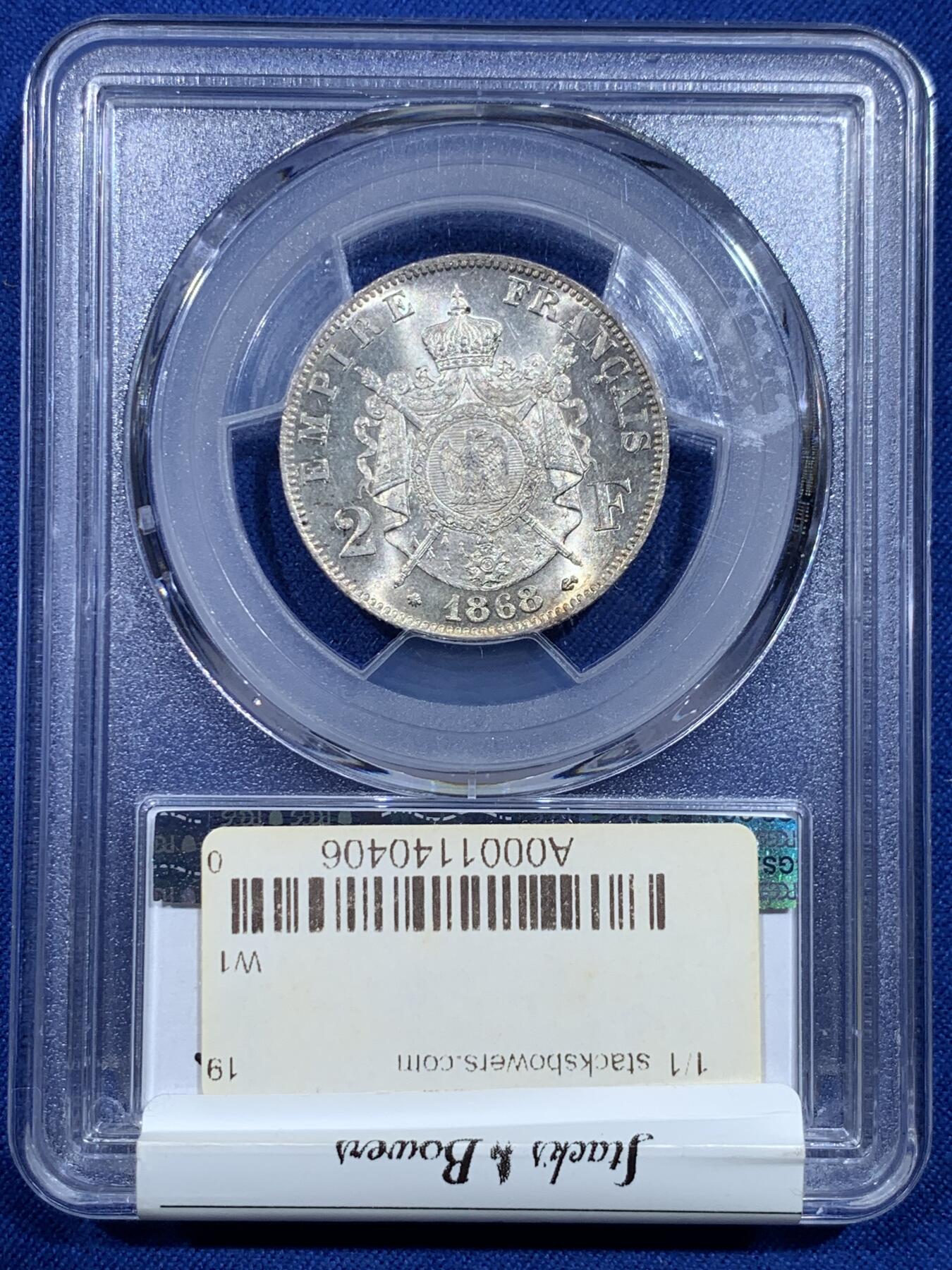 《竞宝斋》第367场 周日，周一 2场连拍 （全场包邮） PCGS MS62 法国1868年A版拿破仑三世2法郎银币，少见面值，流通充分，高分比5法郎少见很多。此枚银光丝滑如水，强烈转光，鹰毛纤毫毕现，状态好于分数！