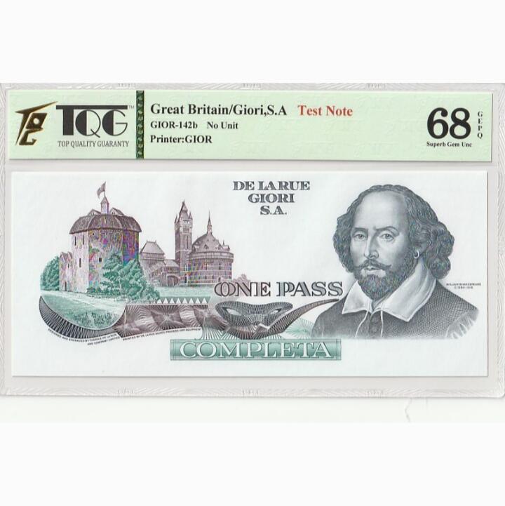 TQG68分，英国德纳罗“莎士比亚”，测试钞，凹印雕刻版，精美单面印刷