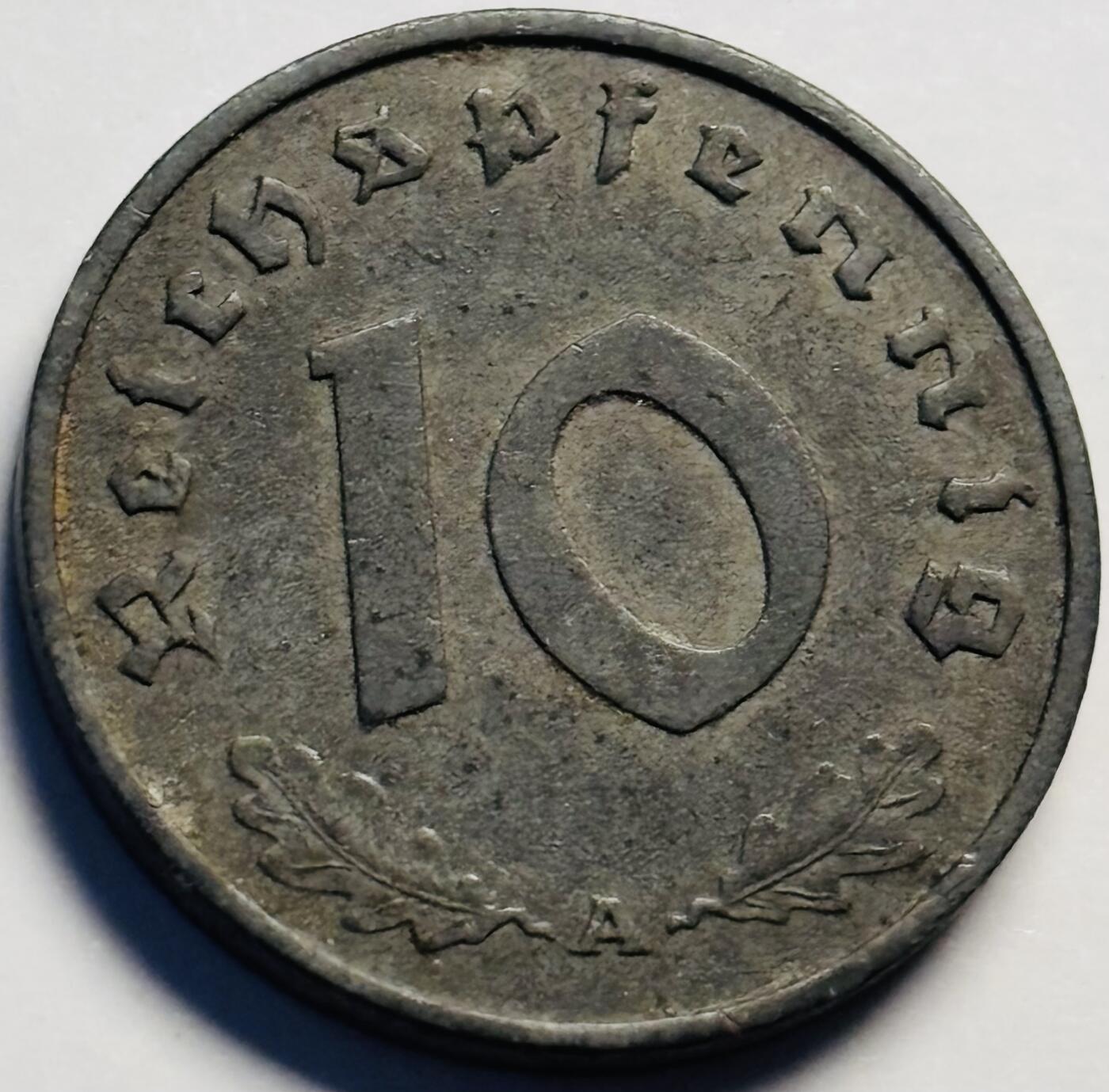 文馨钱币收藏第 233 场 美品 1943 年德三 10 芬尼锌币 A 版