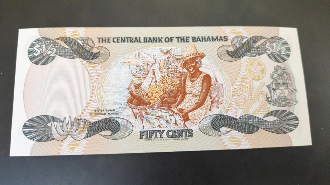 全新unc，1974年巴哈马50分纸币 半元