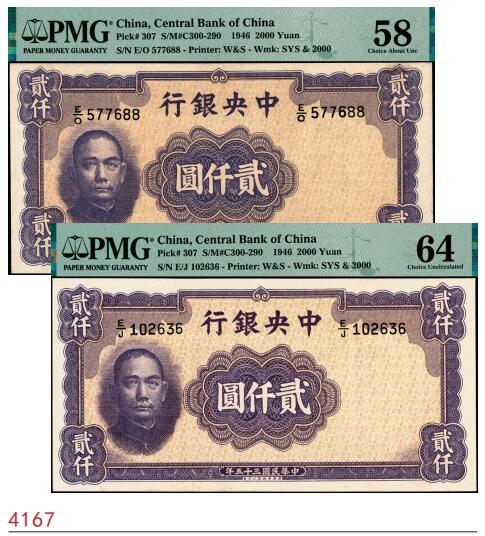 宜和2025春季纸钞场 民国三十五年（1946年）中央银行华德路版贰仟圆一组2枚，贝祖贻·梁平签名；PMG 58-PMG 64