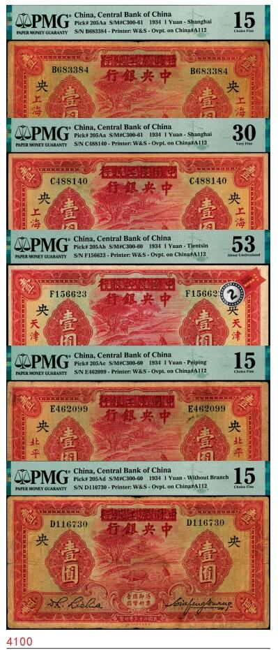 宜和2025春季纸钞场 民国二十三年（1934年）中国农工银行改中央银行壹圆一组5枚全套，包括：①②上海地名2枚，分别为PMG 15/30；③天津地名，PMG 53，原票；亚军分，仅此1枚；④北平地名，PMG 15；⑤无地名券，PMG 15；此券全套4种，分别为上海、天津、北平及无地名券，收集全套难度较大