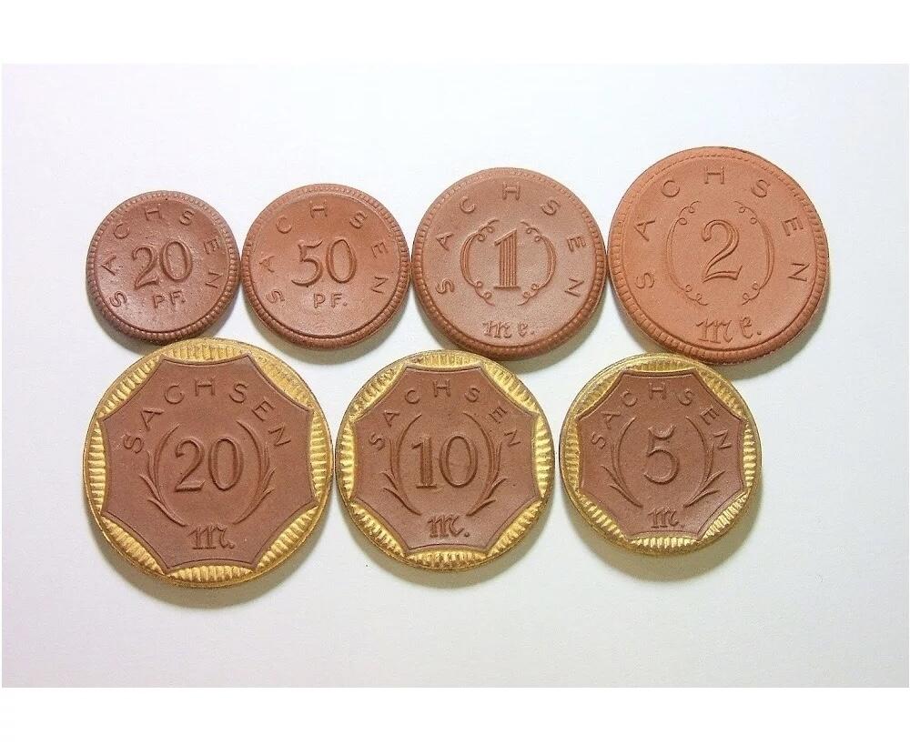 7枚全套 德国德紧萨克森1921年著名陶币（镶金边3枚） 带原盒