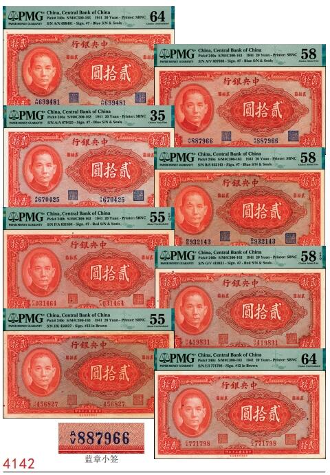 宜和2025春季纸钞场 民国三十年（1941年）中央银行保安版贰拾圆一组8枚大全套，其中：Pick#240a，蓝号码职章，李骏耀·田亦民黑色小签名：①编号699481为PMG 64/Minor Paper Pull；②编号887966为PMG 58/Minor Ink；Pick#240a，蓝号码职章，李骏耀·田亦民黑色大签名：③编号670425为PMG 35；④编号932143为PMG 58；Pick#240b，红号码职
