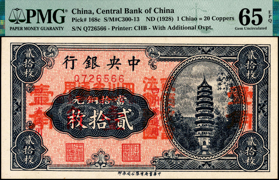 宜和2025春季纸钞场 中央银行（1928年）中华版当拾铜元贰拾枚改壹角，四川省通用，一组4枚小全套，其中：①②Pick#168b二枚，均为加盖2个壹角版，无字轨，PMG 35/Radar-Repeater-Rotator S/N；单字轨，PMG 40/Previously Mounted；③④Pick#168c单字轨二枚：加盖3个壹角版，PMG 40/Previously Mounted；第一版双改券，其大红字下又有“