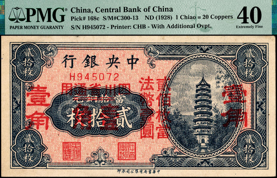 宜和2025春季纸钞场 中央银行（1928年）中华版当拾铜元贰拾枚改壹角，四川省通用，一组4枚小全套，其中：①②Pick#168b二枚，均为加盖2个壹角版，无字轨，PMG 35/Radar-Repeater-Rotator S/N；单字轨，PMG 40/Previously Mounted；③④Pick#168c单字轨二枚：加盖3个壹角版，PMG 40/Previously Mounted；第一版双改券，其大红字下又有“