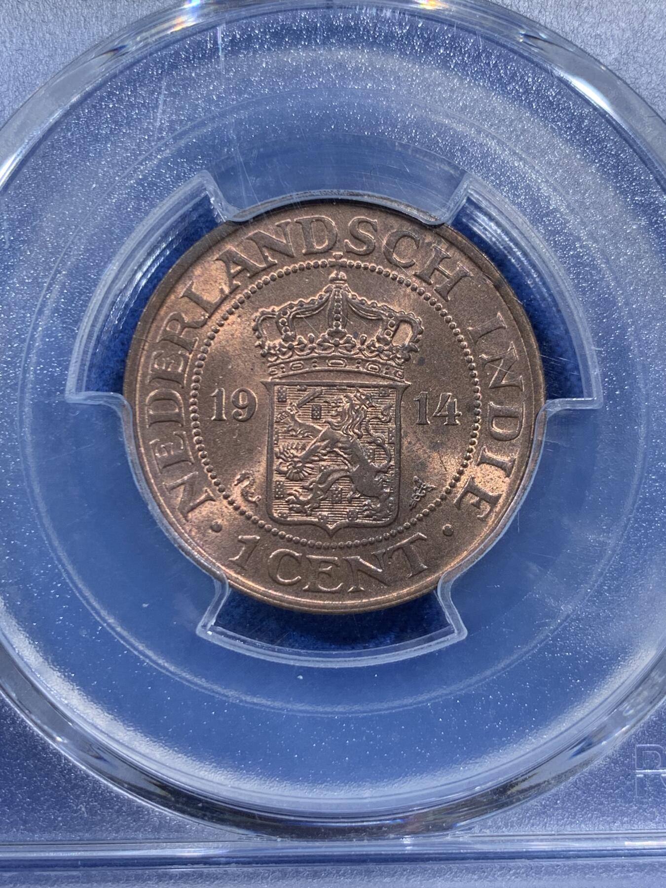《竞宝斋》第368场 周日，周一 2场连拍 （全场包邮） PCGS MS64RB 亚军分 荷属东印度1914年一分铜币，铜光耀眼，更高分仅1枚。不是烂大街的后期194x版可比，高分非常难得。21年SBP拍卖同分合人民币742元成交