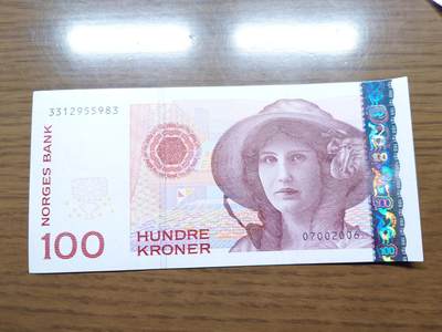 免佣金～1996年巴哈马 1，缅甸白象20000纪念钞，2006挪威100等剩货团购任选 2006年挪威100克朗 全新绝品无47尾号983