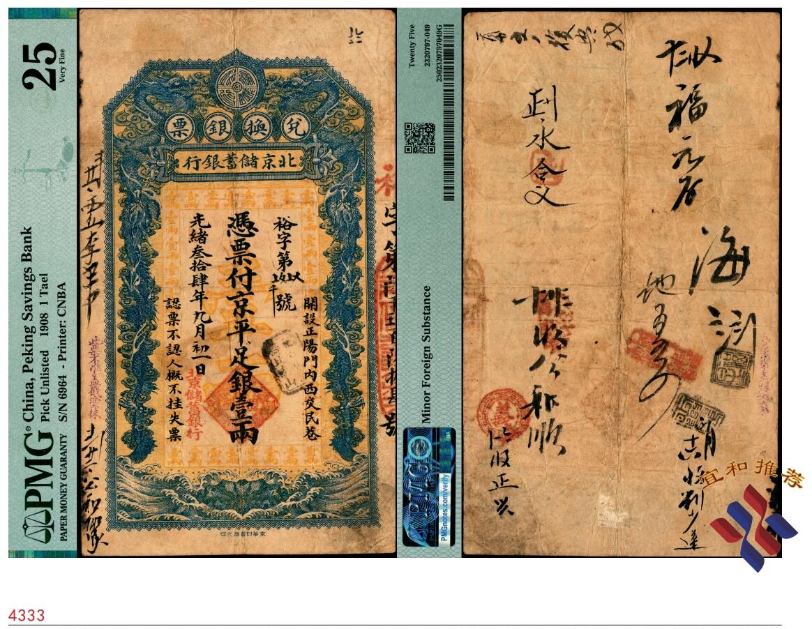 宜和2025春季纸钞场 光绪叁拾肆年（1908年）北京储蓄银行兑换银票京平足银壹两，上印“兑换银票”字样，边框配以双龙图案，中间印有“凭票付京平足银壹两”，左侧印有号码“裕字第六千九百六十四号”，右侧印有发票时间“光绪叁拾肆年九月初一日”，左下角印有落款“北京储蓄银行”，右下角印有行址