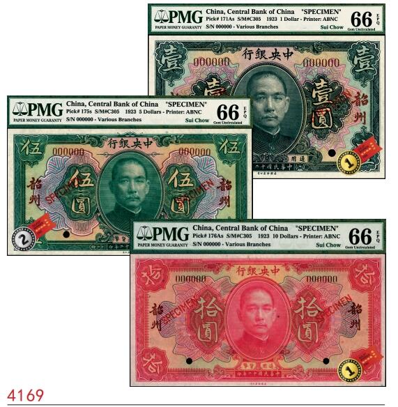 宜和2025春季纸钞场 民国十二年（1923年）中央银行黑色壹圆、绿色伍圆、红色拾圆样本券一组3枚小全套，韶州地名，均为PMG 66 EPQ；壹圆、拾圆为冠军分，伍圆为亚军分