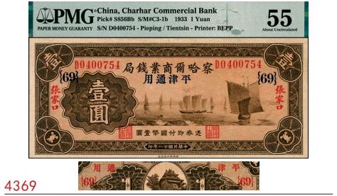 宜和2025春季纸钞场 民国廿二年（1933年）察哈尔商业钱局棕色壹圆，张家口·平津通用地名，背面“平津通用”为宋体字样，加印领券{69}；PMG 55