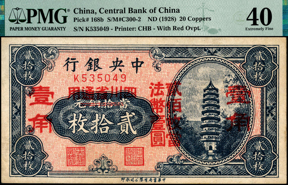 宜和2025春季纸钞场 中央银行（1928年）中华版当拾铜元贰拾枚改壹角，四川省通用，一组4枚小全套，其中：①②Pick#168b二枚，均为加盖2个壹角版，无字轨，PMG 35/Radar-Repeater-Rotator S/N；单字轨，PMG 40/Previously Mounted；③④Pick#168c单字轨二枚：加盖3个壹角版，PMG 40/Previously Mounted；第一版双改券，其大红字下又有“