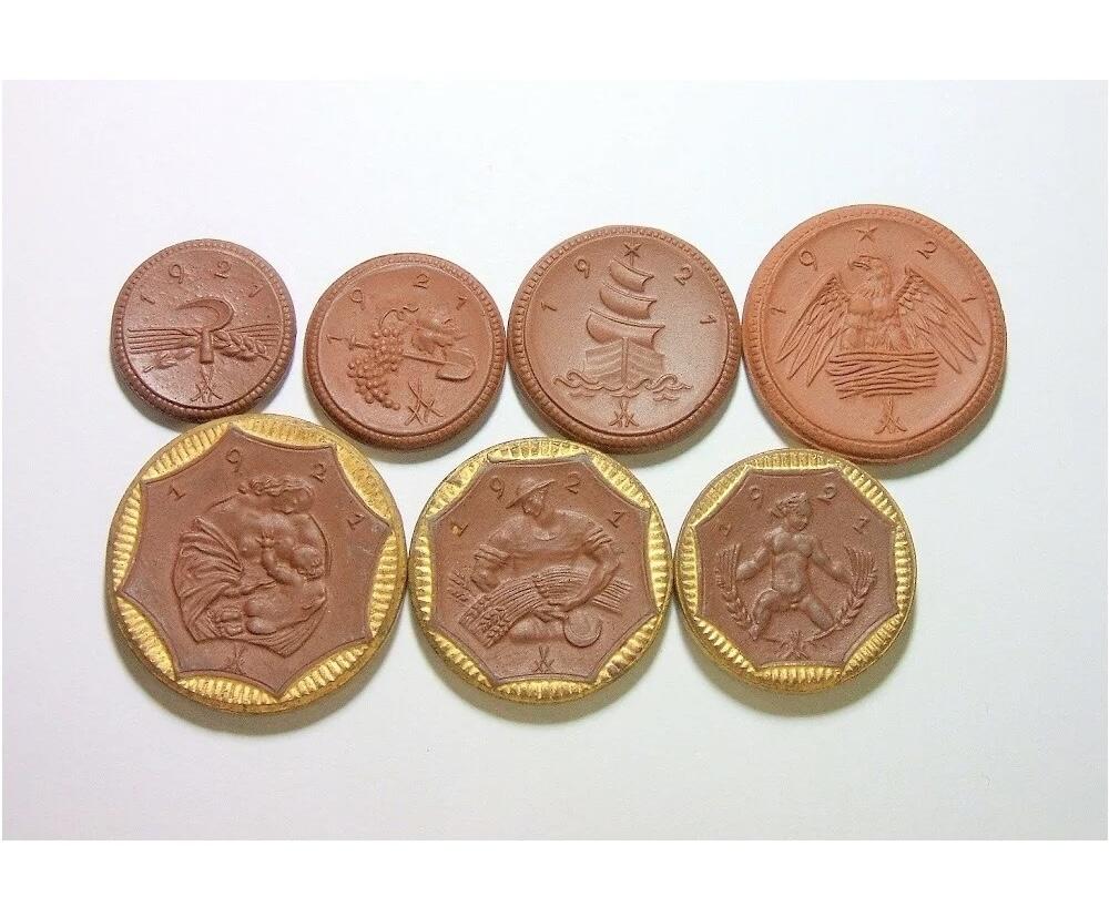 7枚全套 德国德紧萨克森1921年著名陶币（镶金边3枚） 带原盒