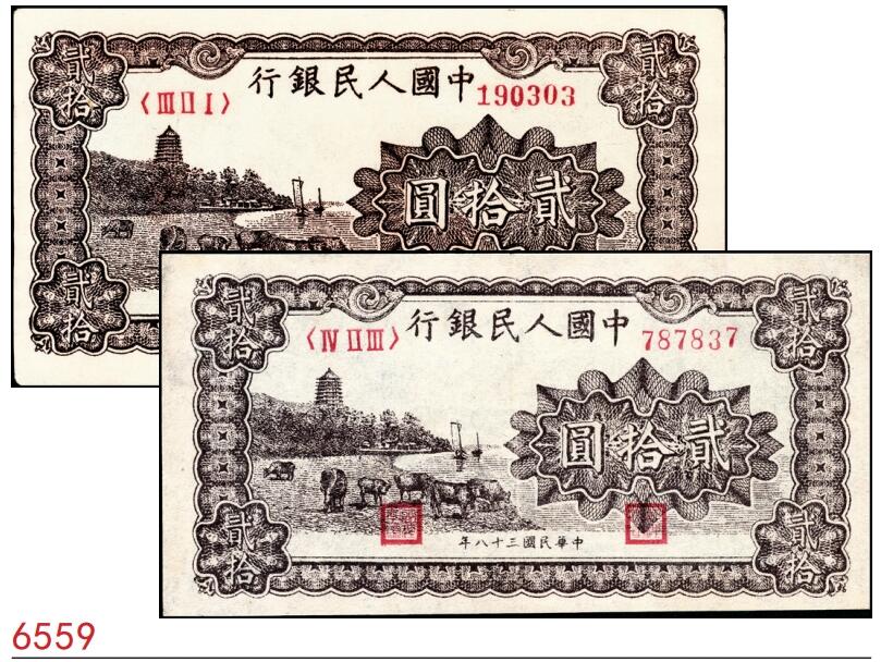 宜和2025春季纸钞场 1949年第一版人民币“棕六和塔”贰拾圆一组2枚，厚纸版及薄纸版各一枚，中原印刷厂（汉口）印制；八品，下水