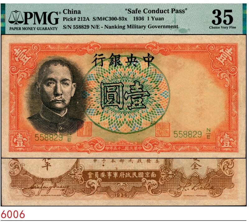 宜和2025春季纸钞场 民国二十五年（1936年）中央银行“军队归来证”壹圆，李觉·黄秀峰签名，绿色“558829”号；PMG 35/Closed Pinhole