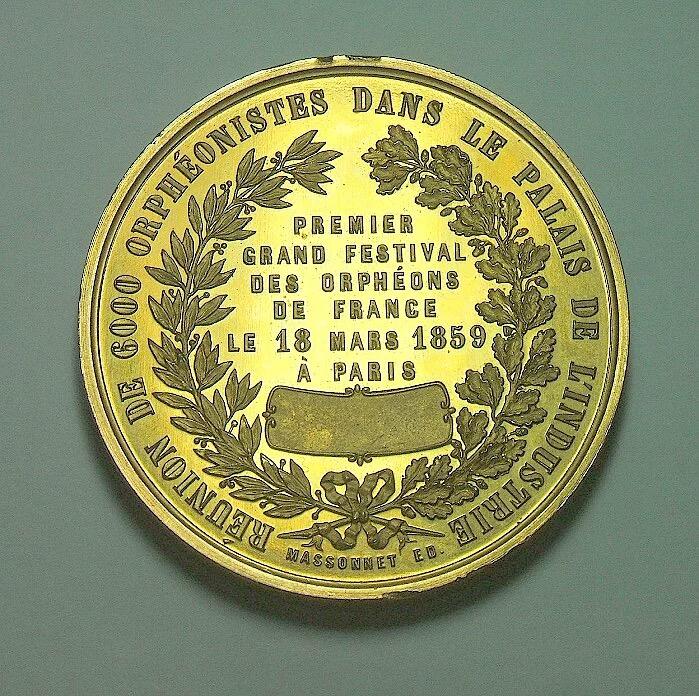 法国1859年 拿破仑三世精制高浮雕大镀金章 原盒 50MM