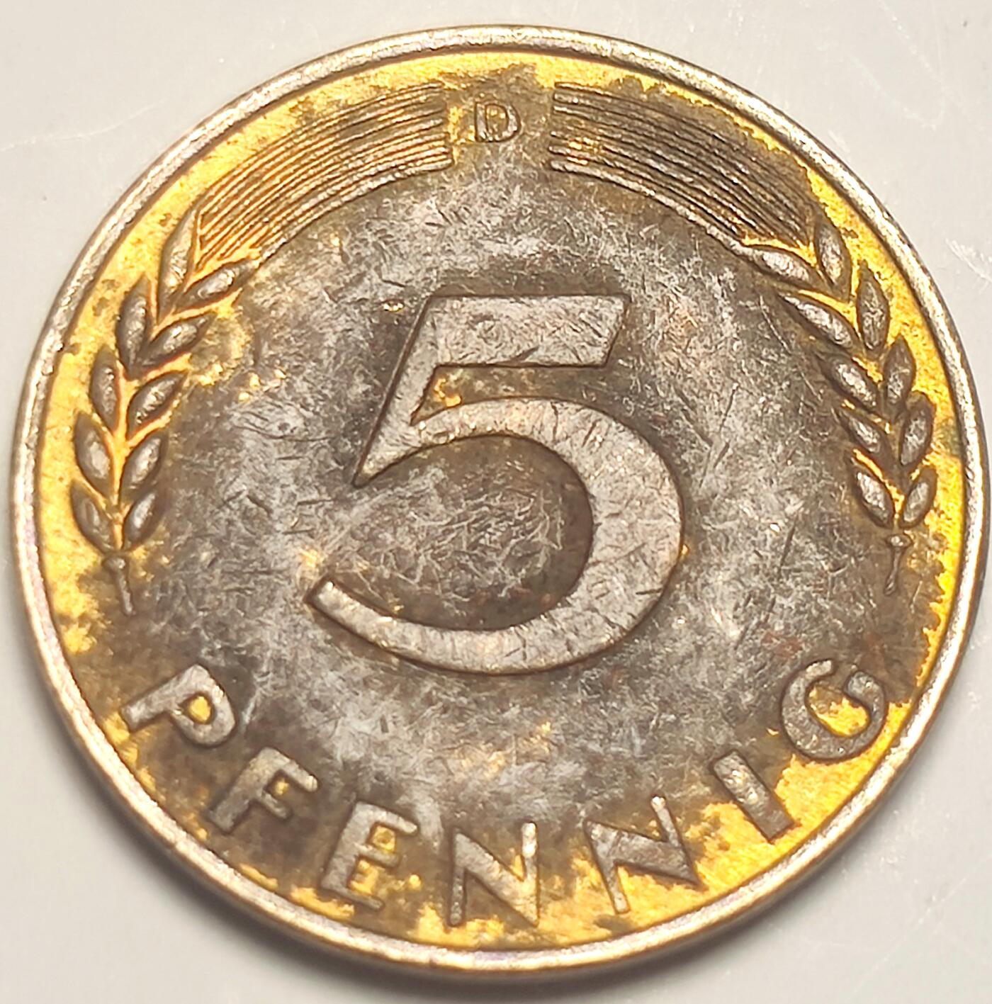 泉币菌-第15场-中外散币乐园 联邦德国早期1950年 5芬尼 带底光