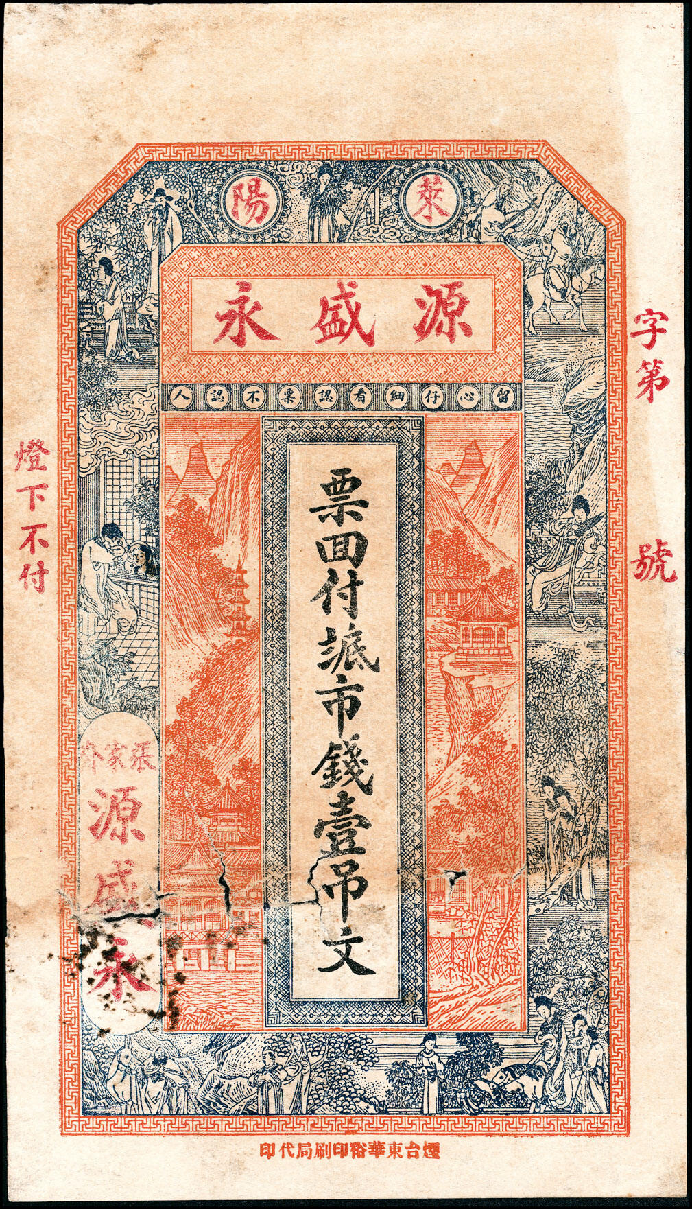 宜和2025春季纸钞场 山东县地方纸币一组7枚，详分：①无年份中和公市钱壹仟文；②无年份源盛永市钱壹吊文；③宣统年间天成钱庄市钱壹仟文；④民国年间友桂轩市钱壹吊文；⑤癸亥年（1923年）益盛号大钱壹吊文；⑥民国十四年（1925年）德和永大钱壹吊；⑦民国二十四年（1935年）南务镇洪源号市钱壹吊；五至九品
