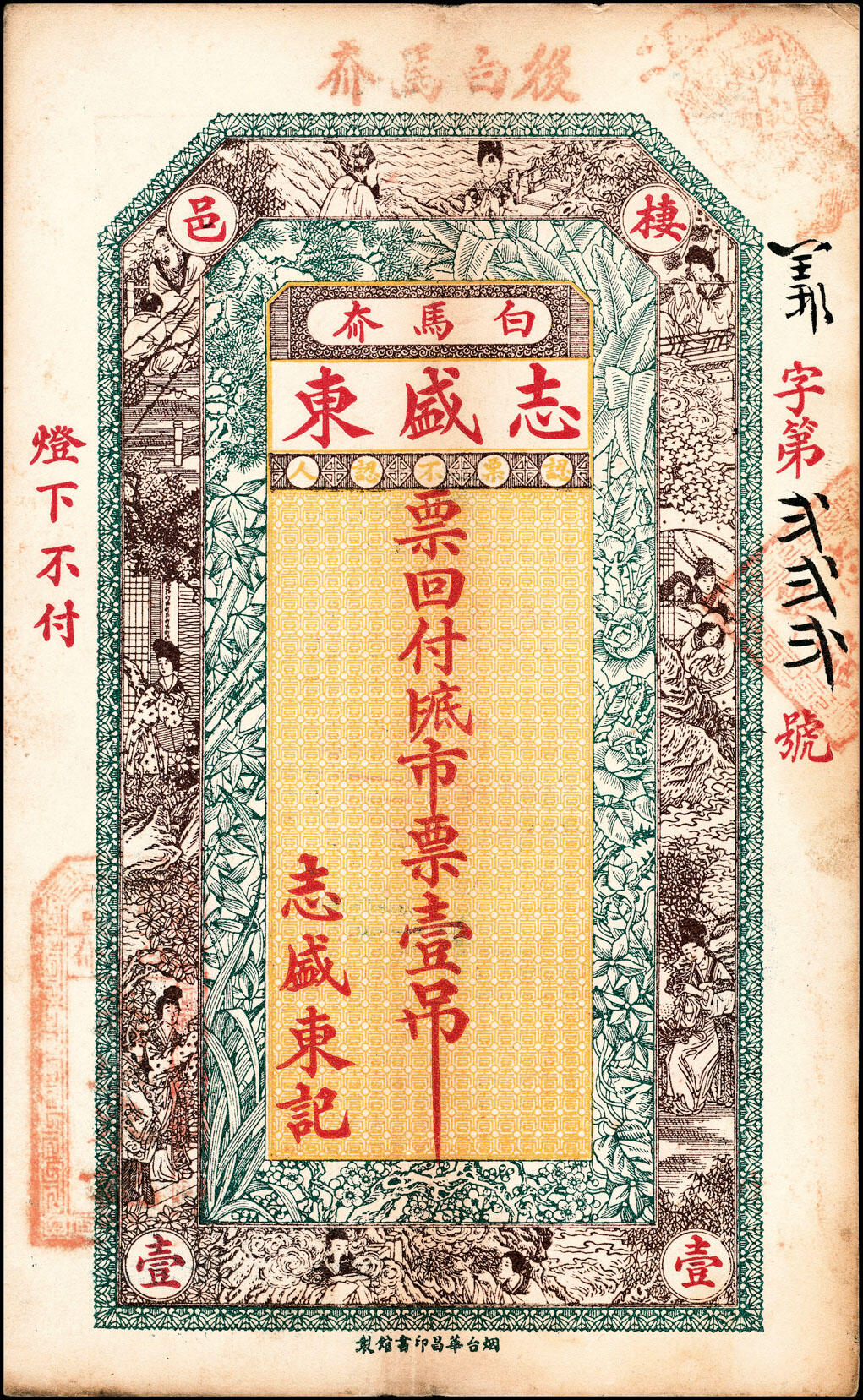 宜和2025春季纸钞场 无年份山东栖霞县地方纸币一组3枚，详分：①棲邑志盛东市票壹吊；②恒兴钱庄十二底市钱壹仟文；③恒茂盛六底市钱壹仟文；七至八品