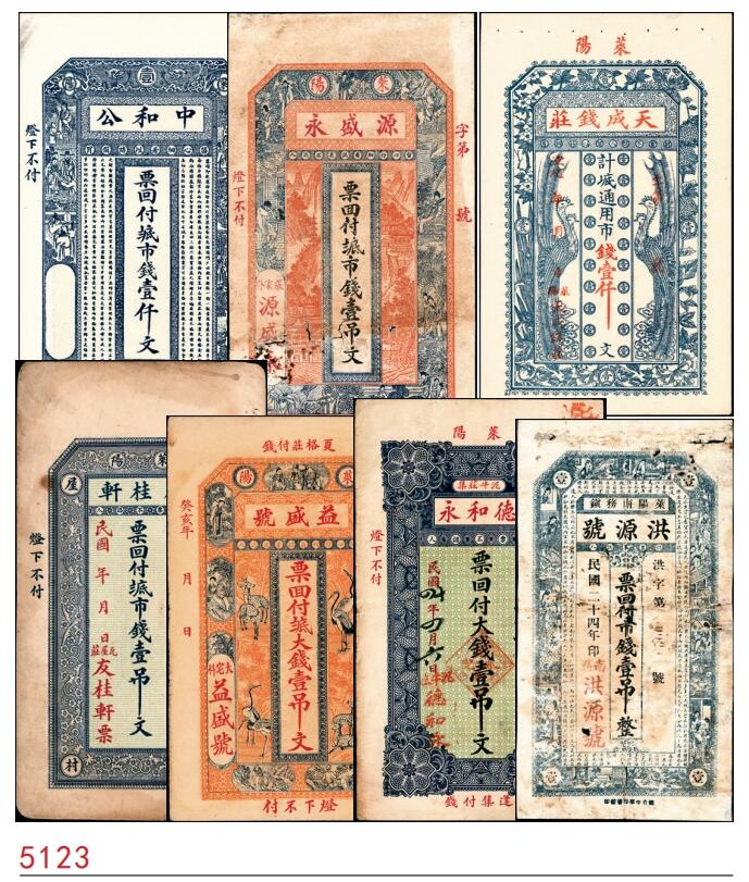 宜和2025春季纸钞场 山东县地方纸币一组7枚，详分：①无年份中和公市钱壹仟文；②无年份源盛永市钱壹吊文；③宣统年间天成钱庄市钱壹仟文；④民国年间友桂轩市钱壹吊文；⑤癸亥年（1923年）益盛号大钱壹吊文；⑥民国十四年（1925年）德和永大钱壹吊；⑦民国二十四年（1935年）南务镇洪源号市钱壹吊；五至九品