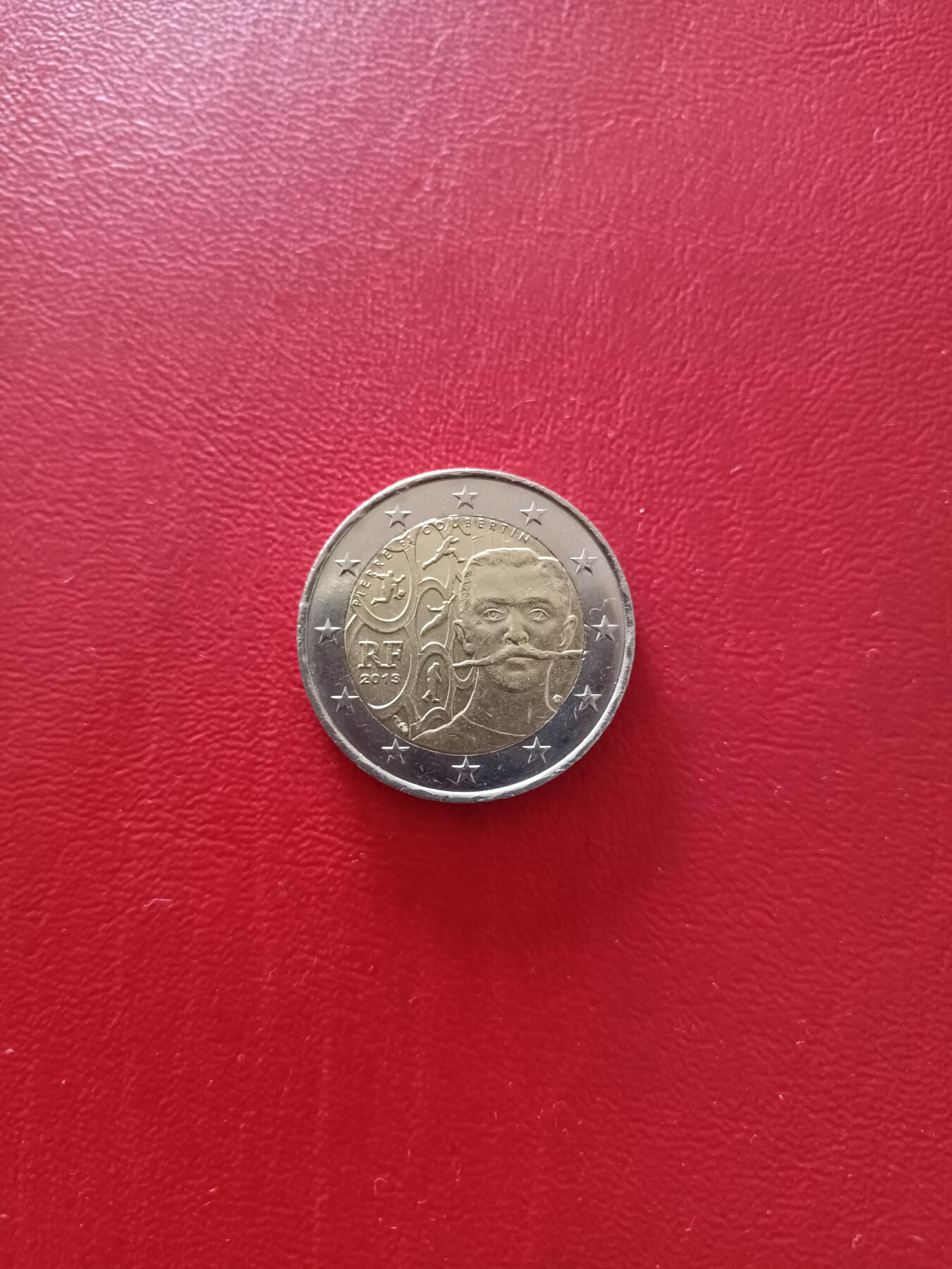 法国2013年顾拜旦诞辰150周年2E纪念币，原光卷拆品，详见图片，按图发货。