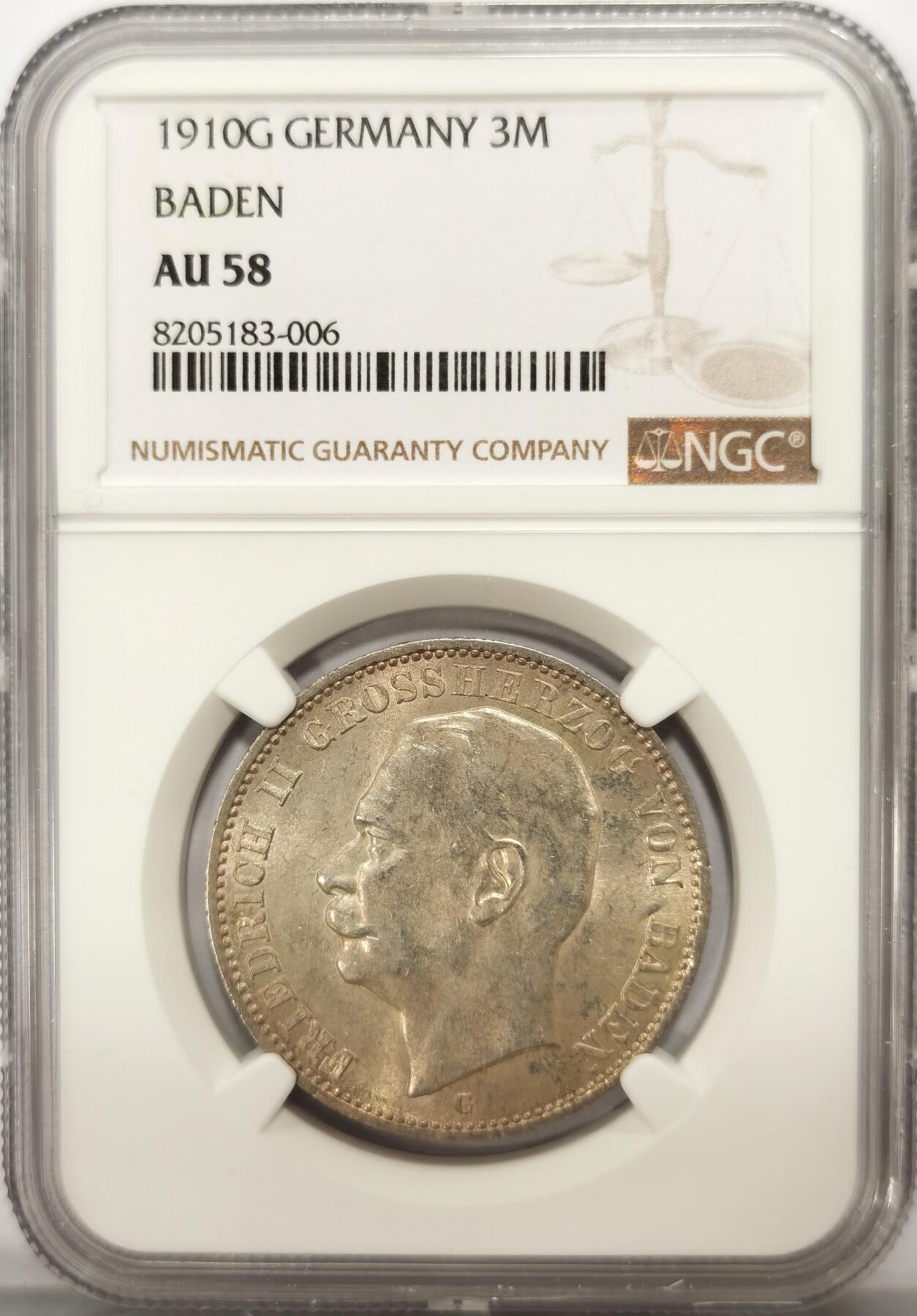 博洋堂世界钱币拍卖第117期（全场包邮） NGC AU58 德国巴登1910年弗里德里希二世流通3马克银币，低评了！