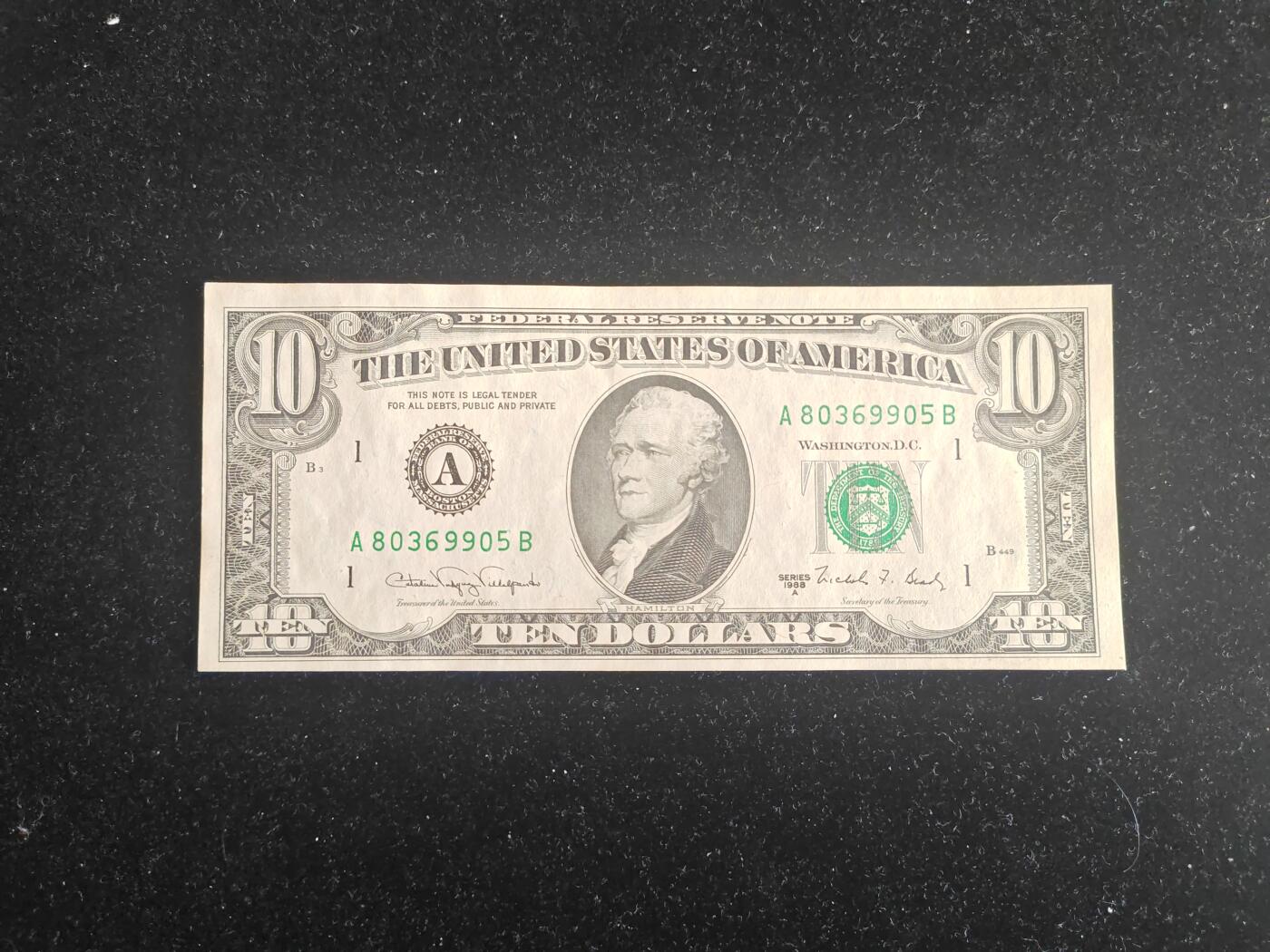 美国纸币 1988年 小头版10美元 无47 UNC 票面轻微发黄