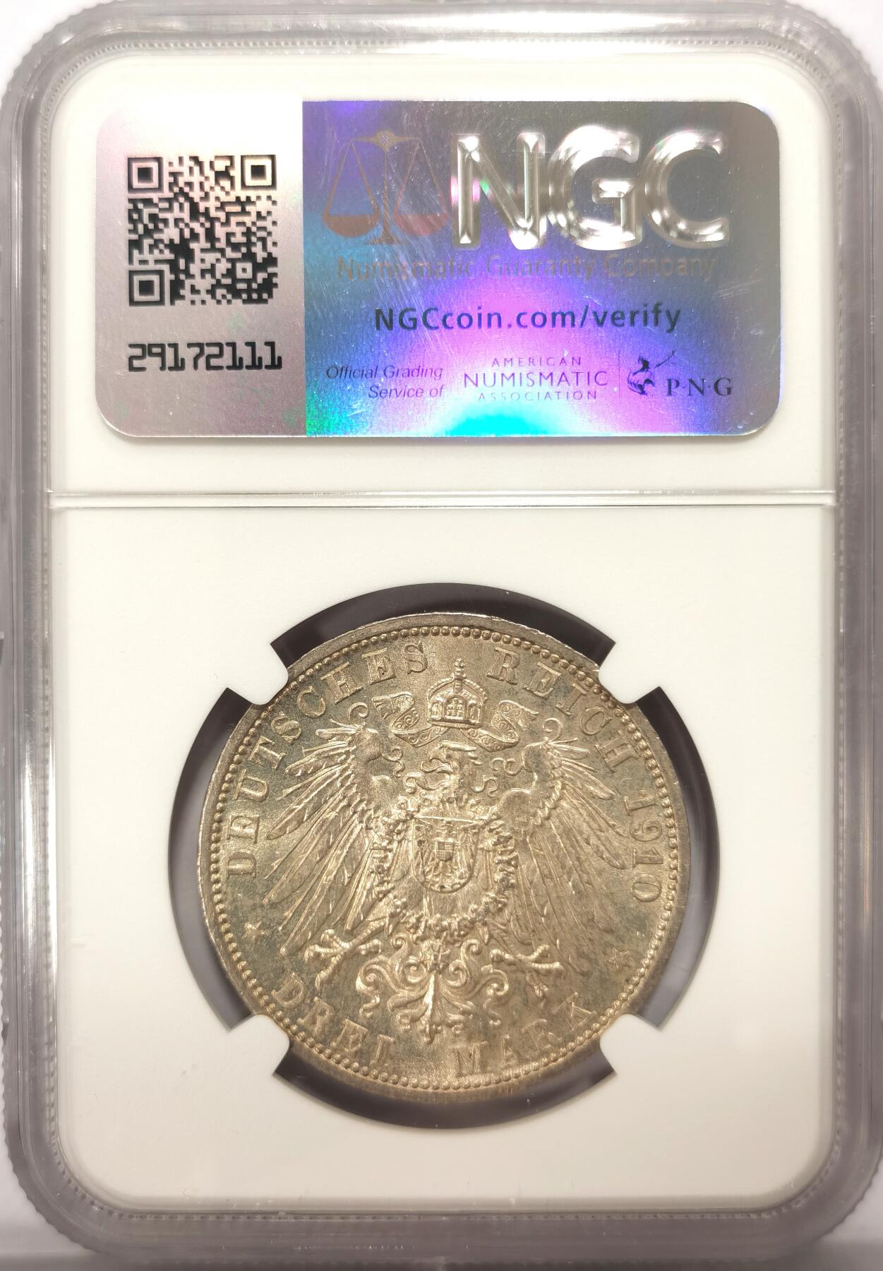 博洋堂世界钱币拍卖第117期（全场包邮） NGC AU58 德国巴登1910年弗里德里希二世流通3马克银币，低评了！